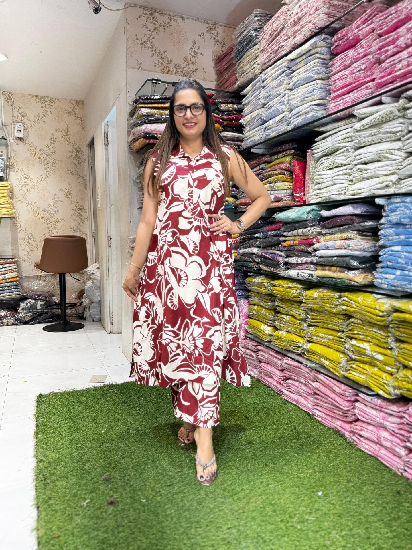 Pure Cotton Maroon And OffWhite 2pc Set