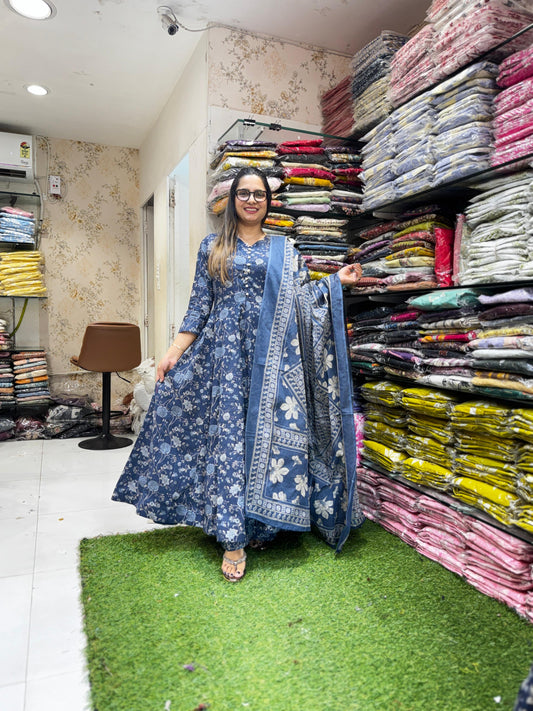 Pure Cotton Blue 24kali Anarkali 3pc Set