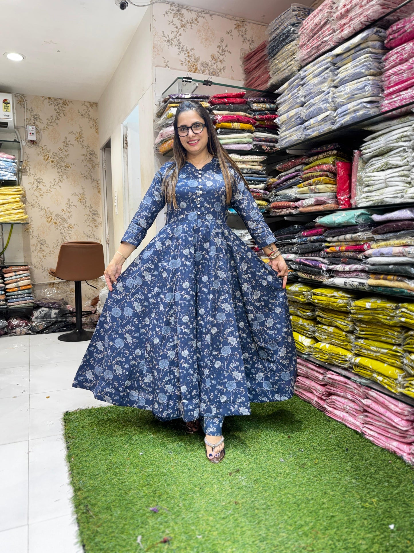 Pure Cotton Blue 24kali Anarkali 3pc Set