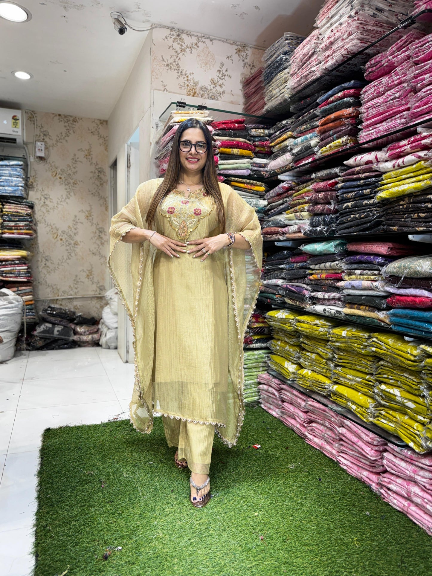 Pure Glass Tissue Shampane Kaftan 2pc Set
