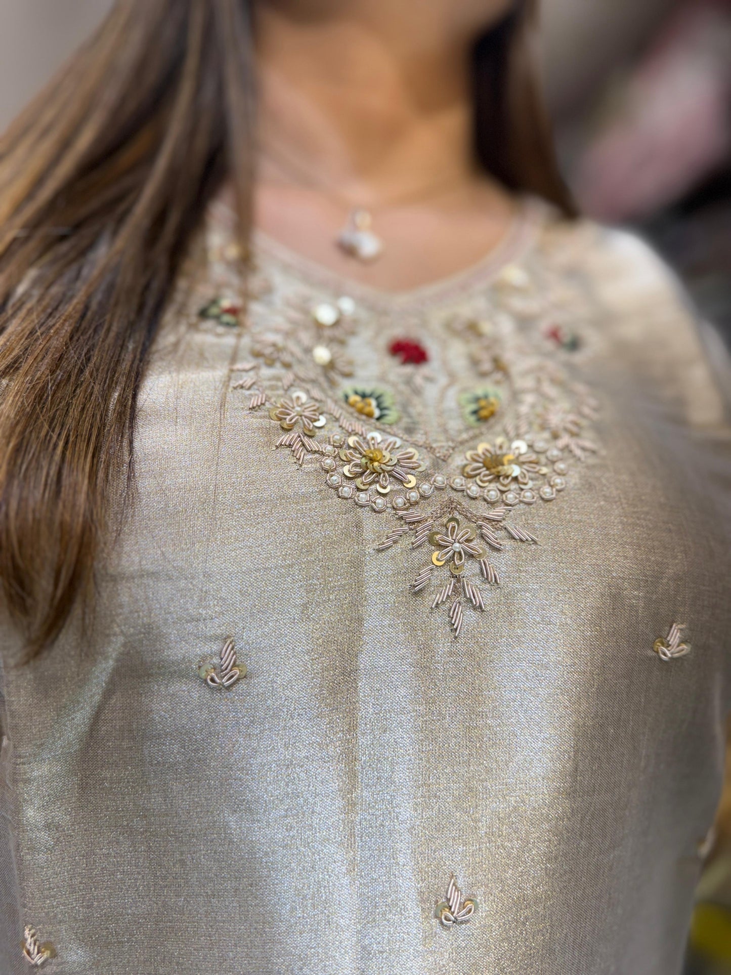Pure Silk Half & Half Ivory And Golden 3pc Set