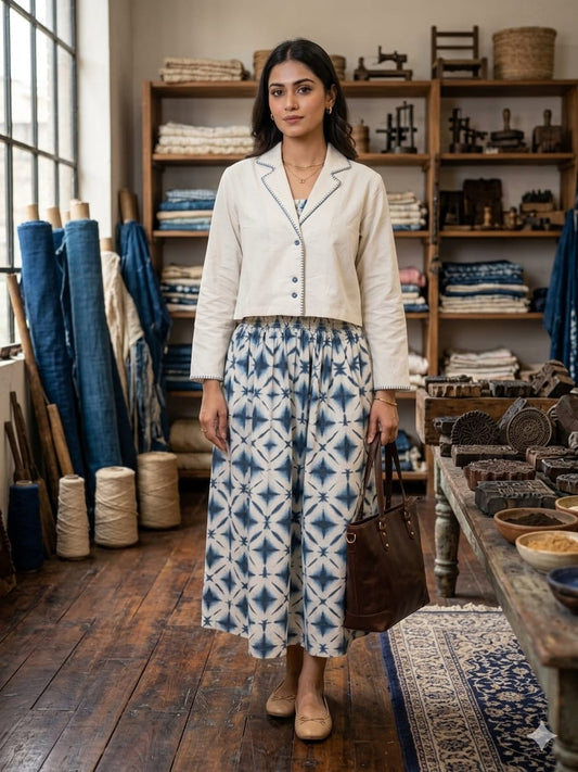 Pure Cotton Off White And Blue Midi