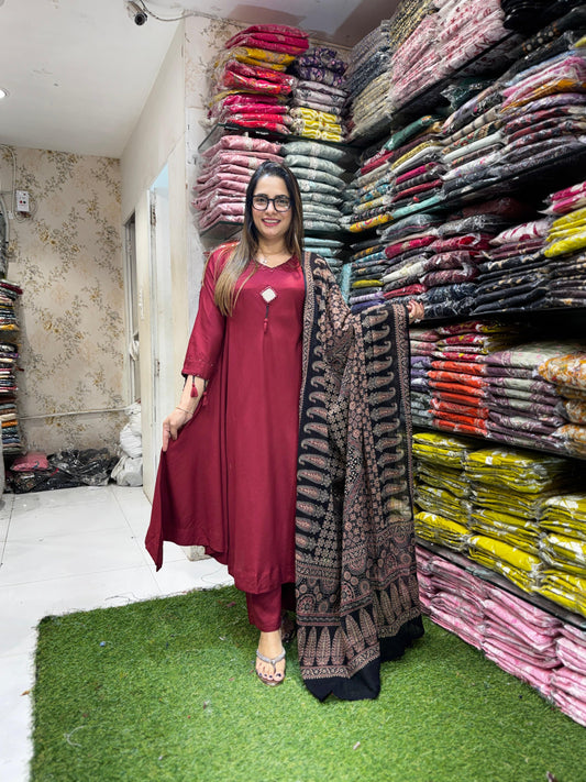 Pure Gaji Silk Maroon Uref Cut 3pc Set