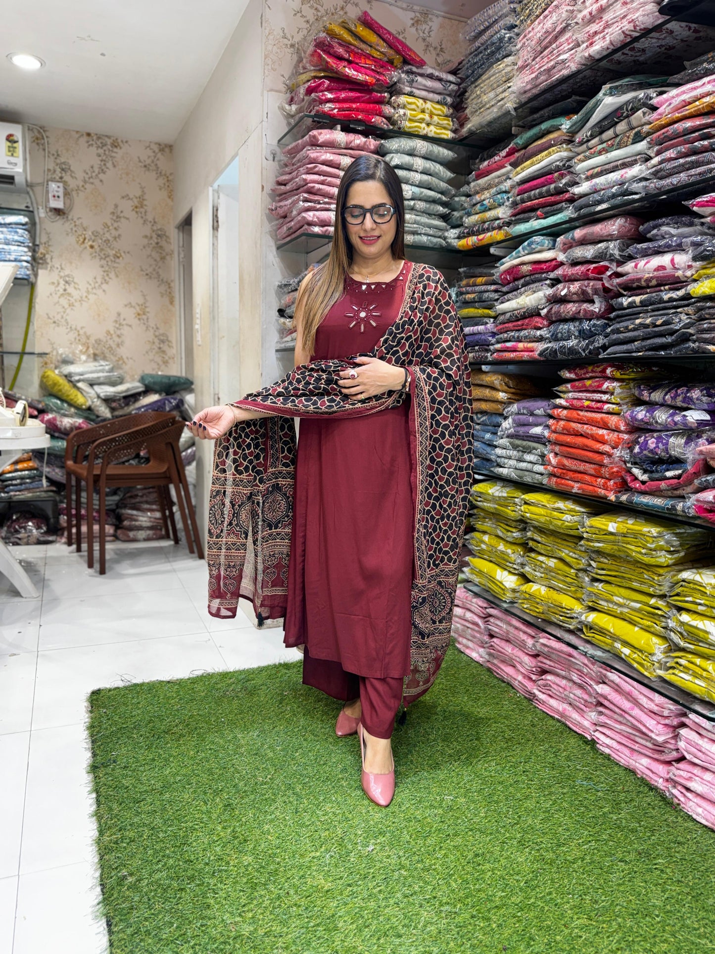 Pure German Rayon Maroon A Line Anarkali 3pc Set