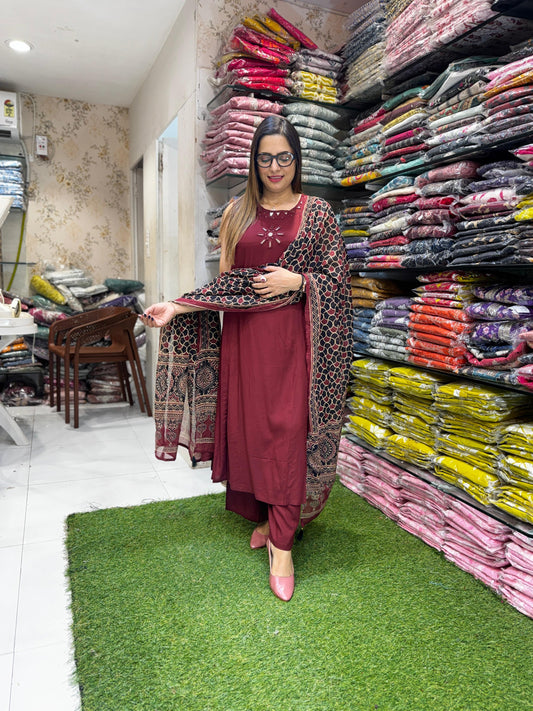 Pure German Rayon Maroon A Line Anarkali 3pc Set