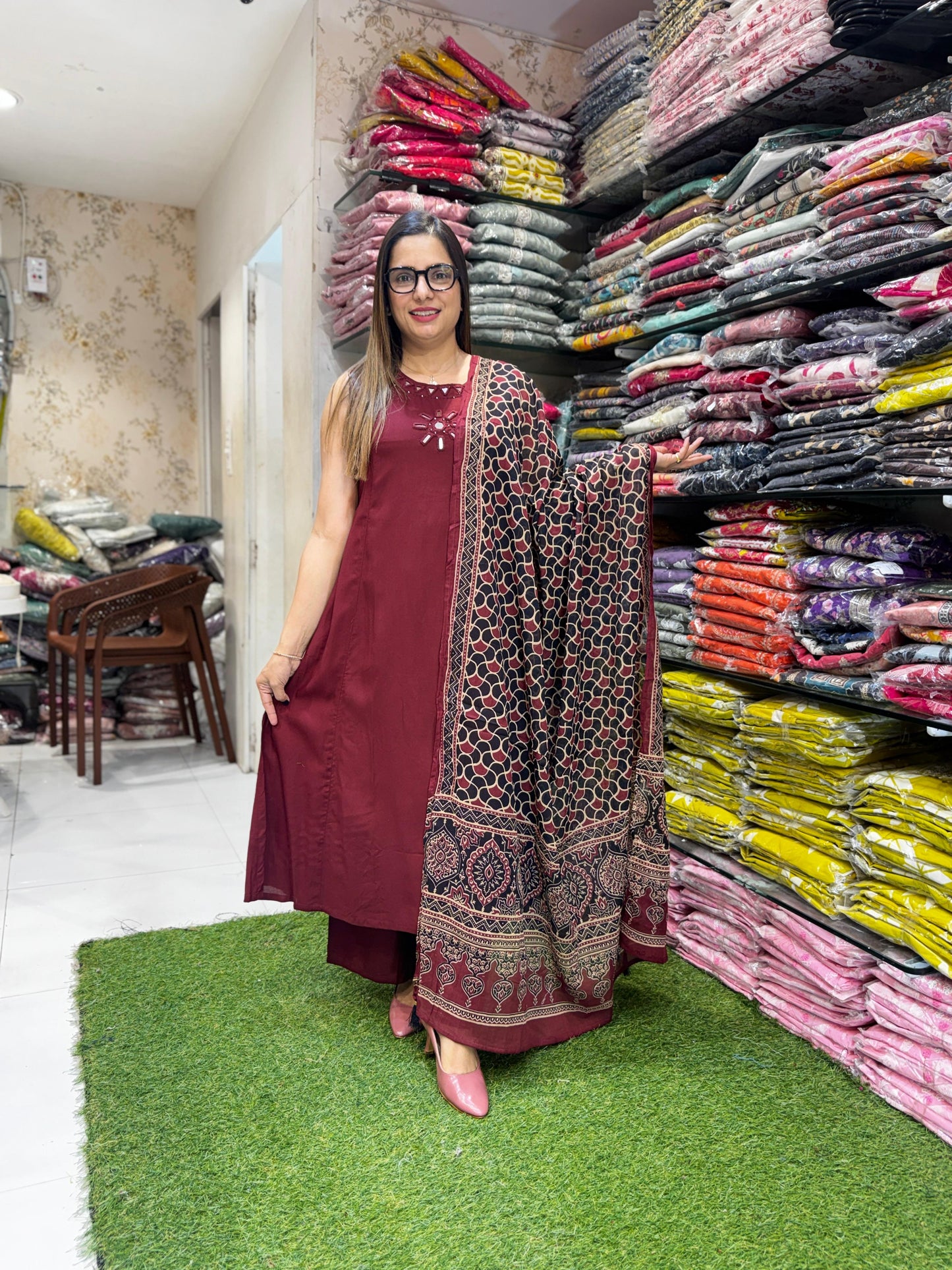 Pure German Rayon Maroon A Line Anarkali 3pc Set