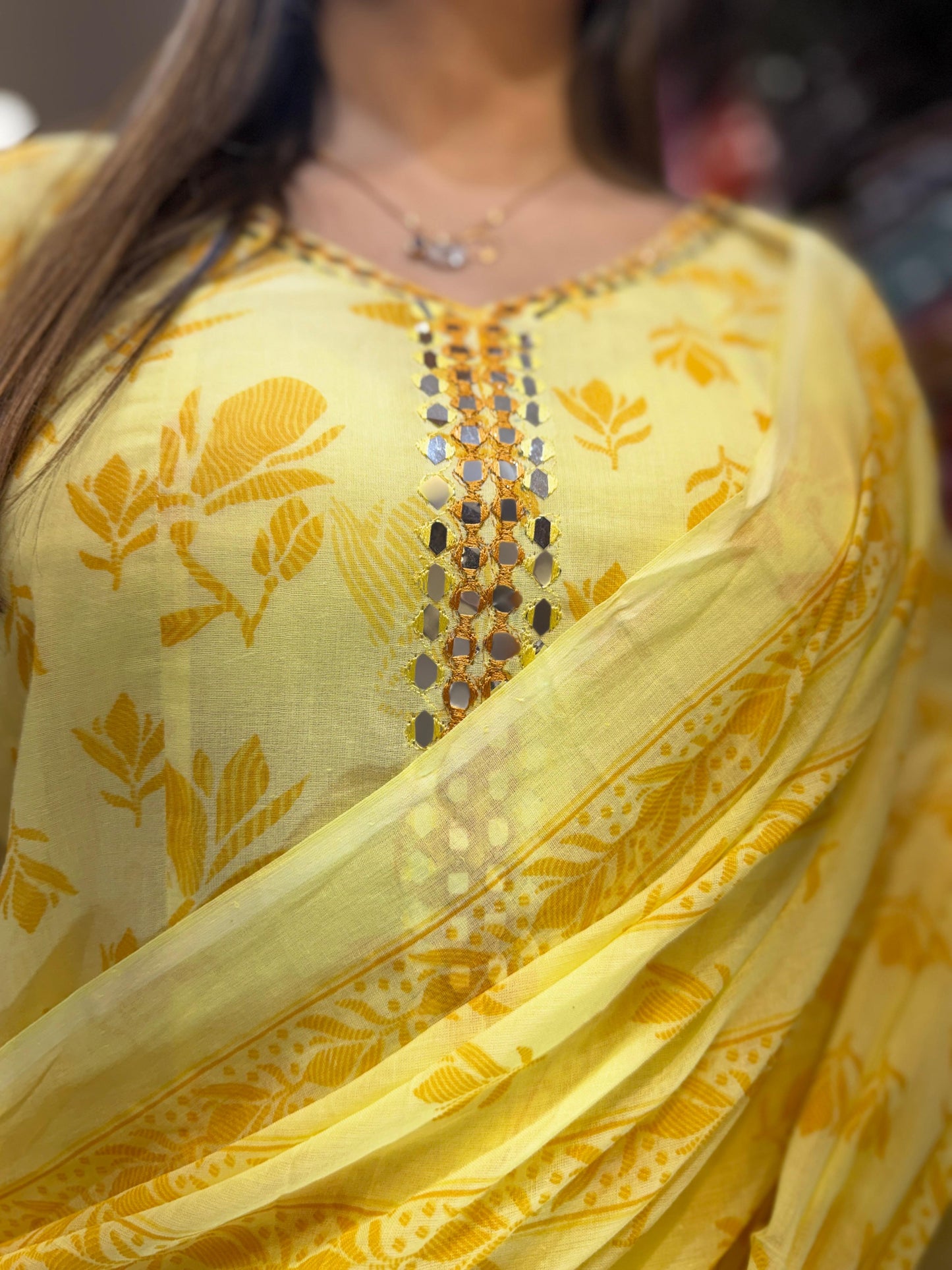 Pure Mull Cotton Yellow Shoulder Anarkali 3pc Set