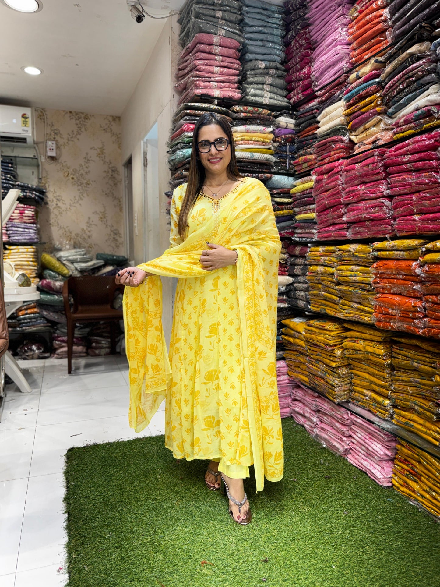 Pure Mull Cotton Yellow Shoulder Anarkali 3pc Set