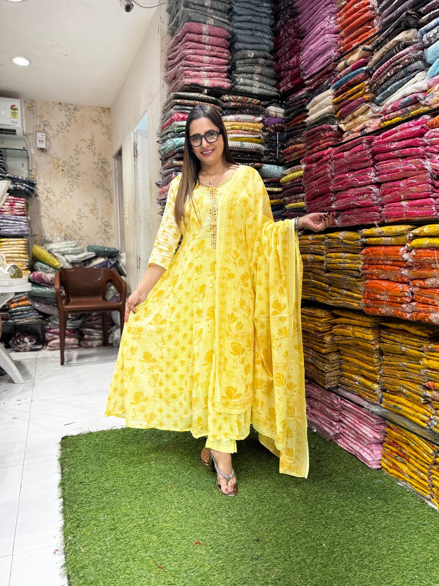 Pure Mull Cotton Yellow Shoulder Anarkali 3pc Set