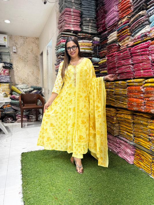 Pure Mull Cotton Yellow Shoulder Anarkali 3pc Set