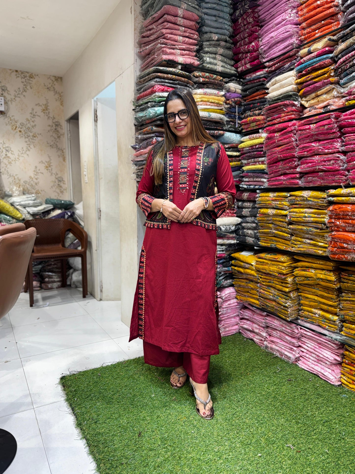 Pure Slub Cotton Maroon 2pc Set With Jacket