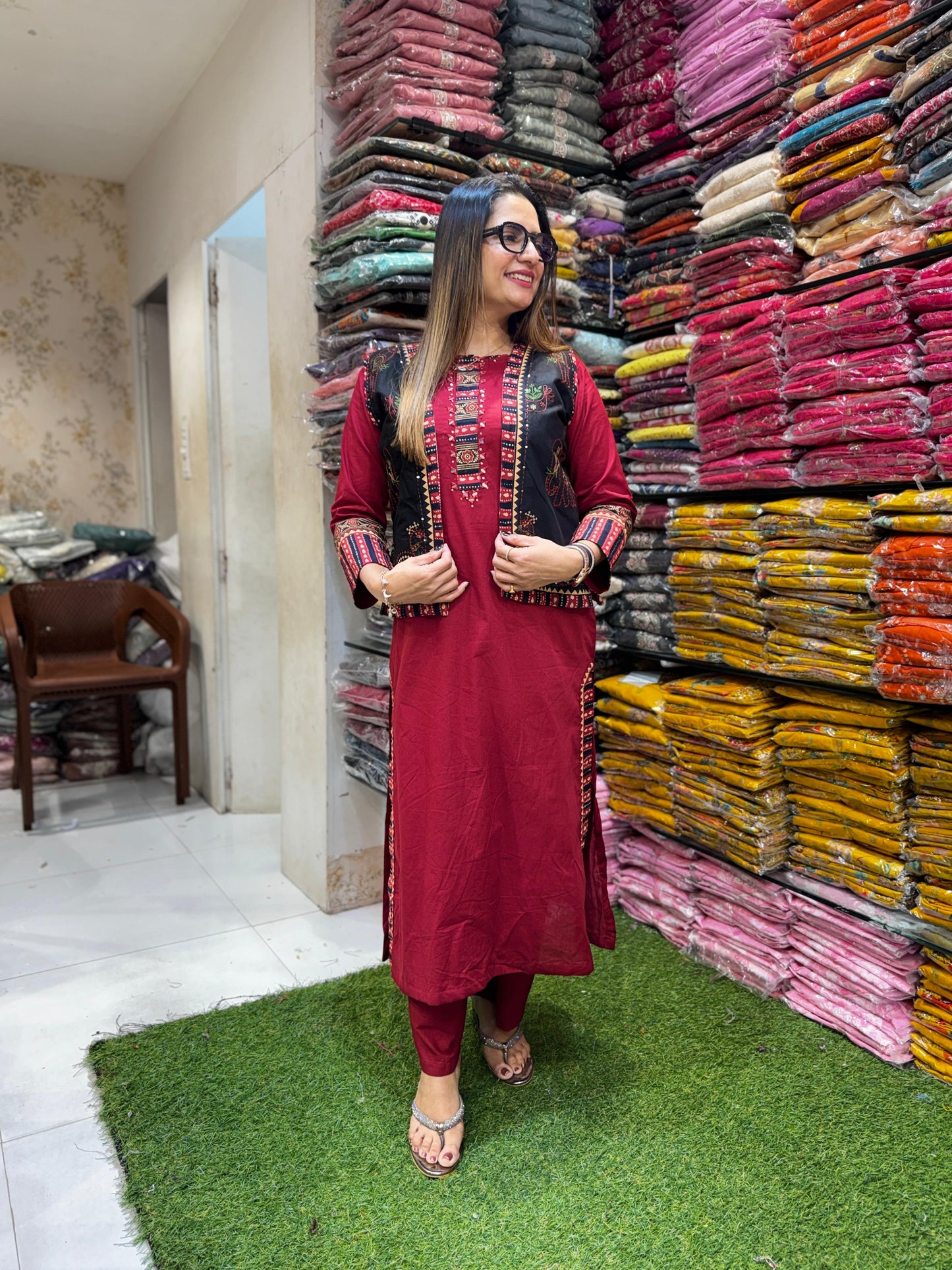 Pure Slub Cotton Maroon 2pc Set With Jacket