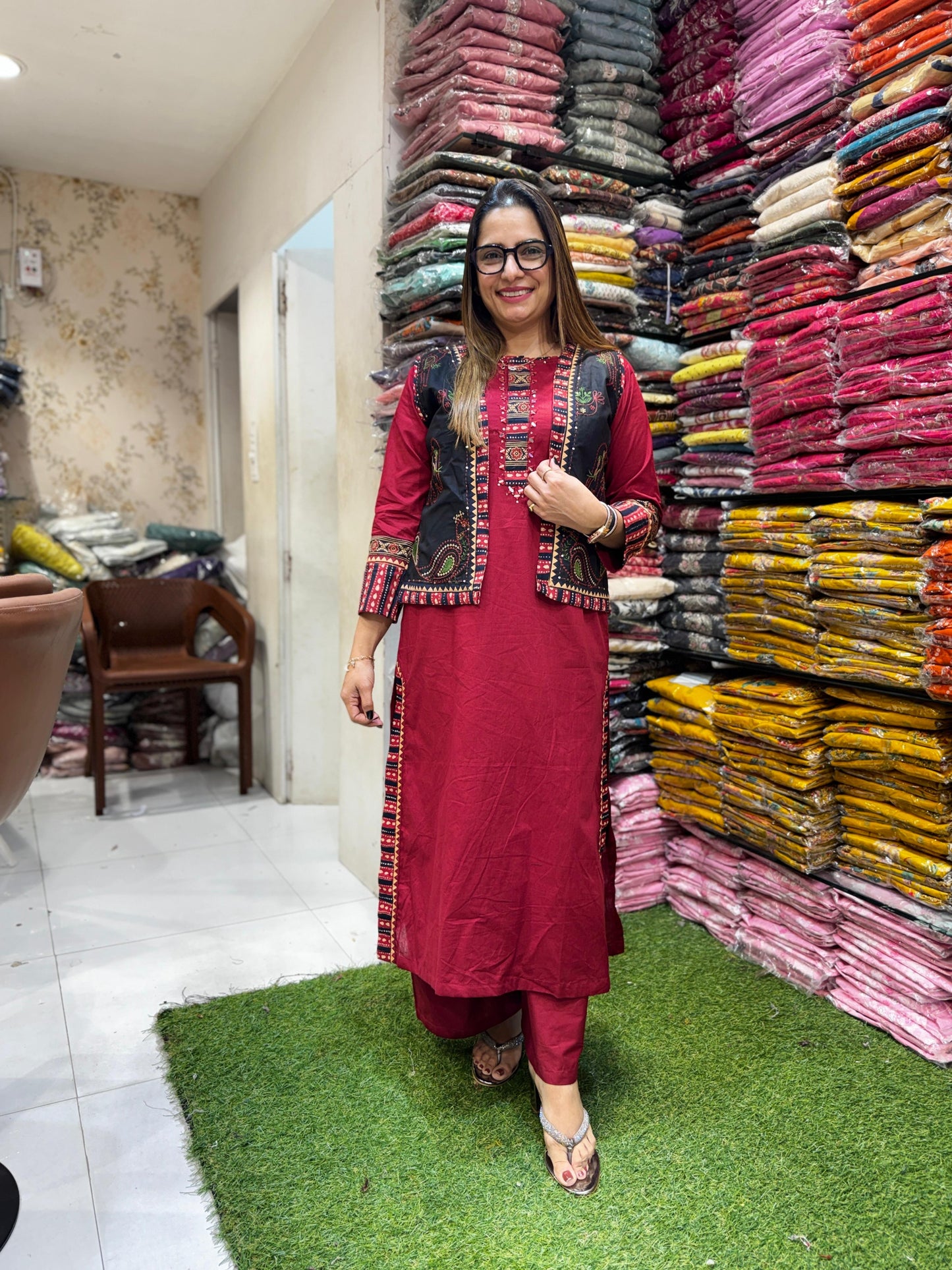 Pure Slub Cotton Maroon 2pc Set With Jacket