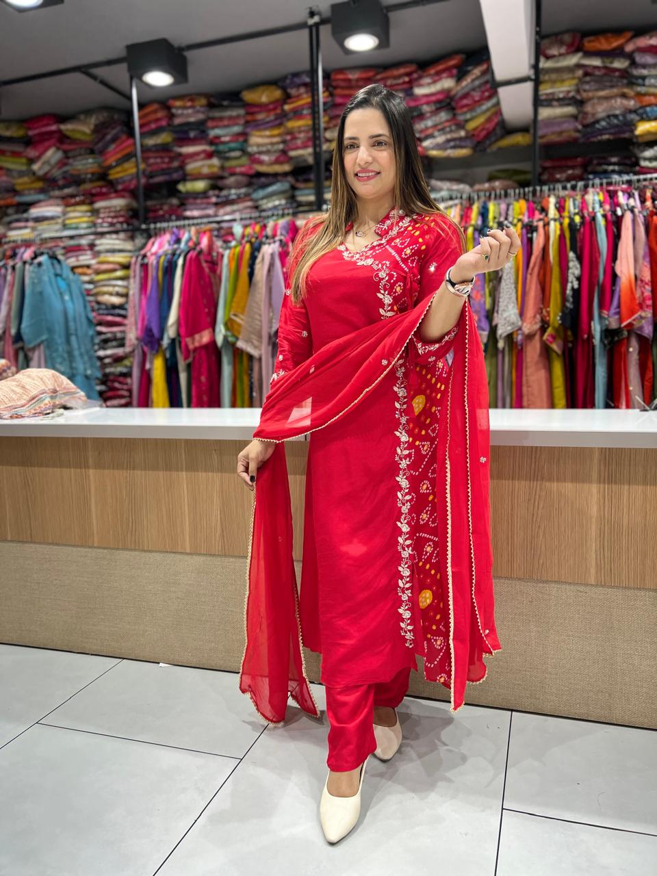 Pure Dola Chinon Red Angrakha 3pc Set