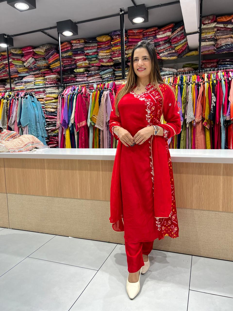 Pure Dola Chinon Red Angrakha 3pc Set