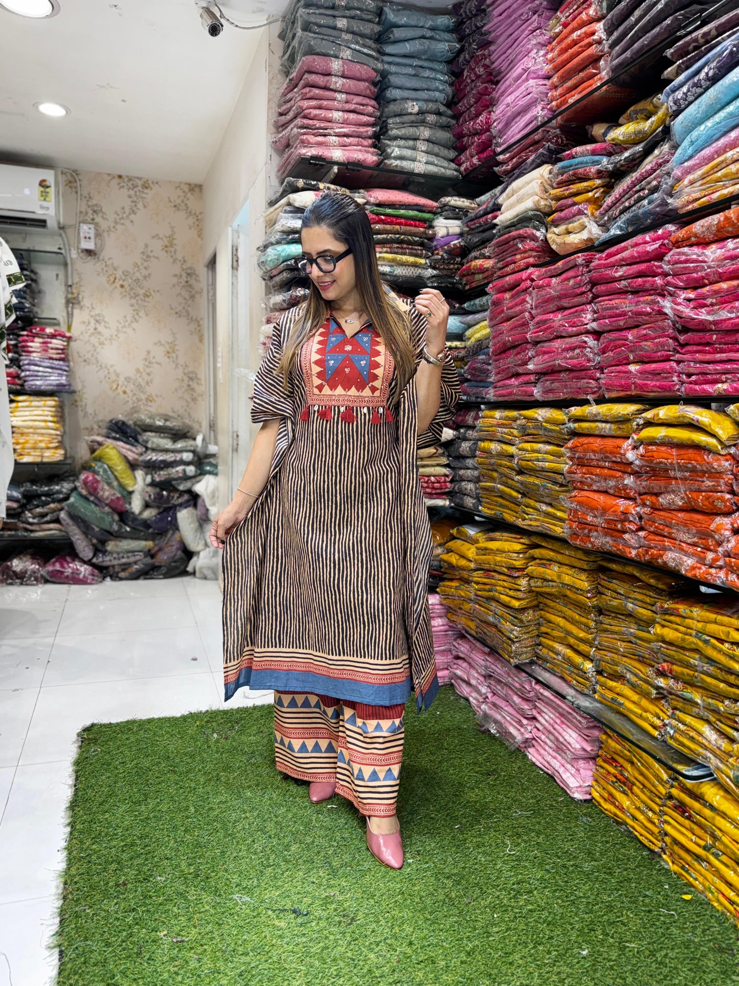 Pure Cotton Peach And Black Kaftan 2pc Set