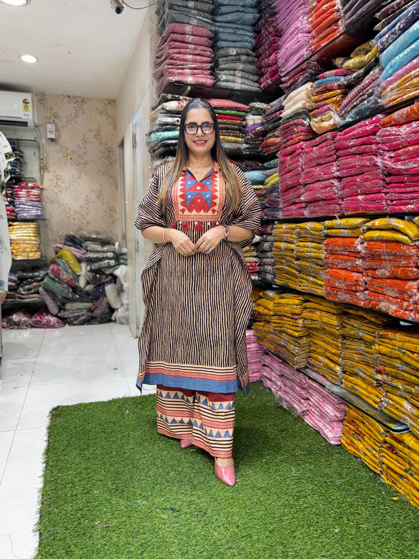 Pure Cotton Peach And Black Kaftan 2pc Set