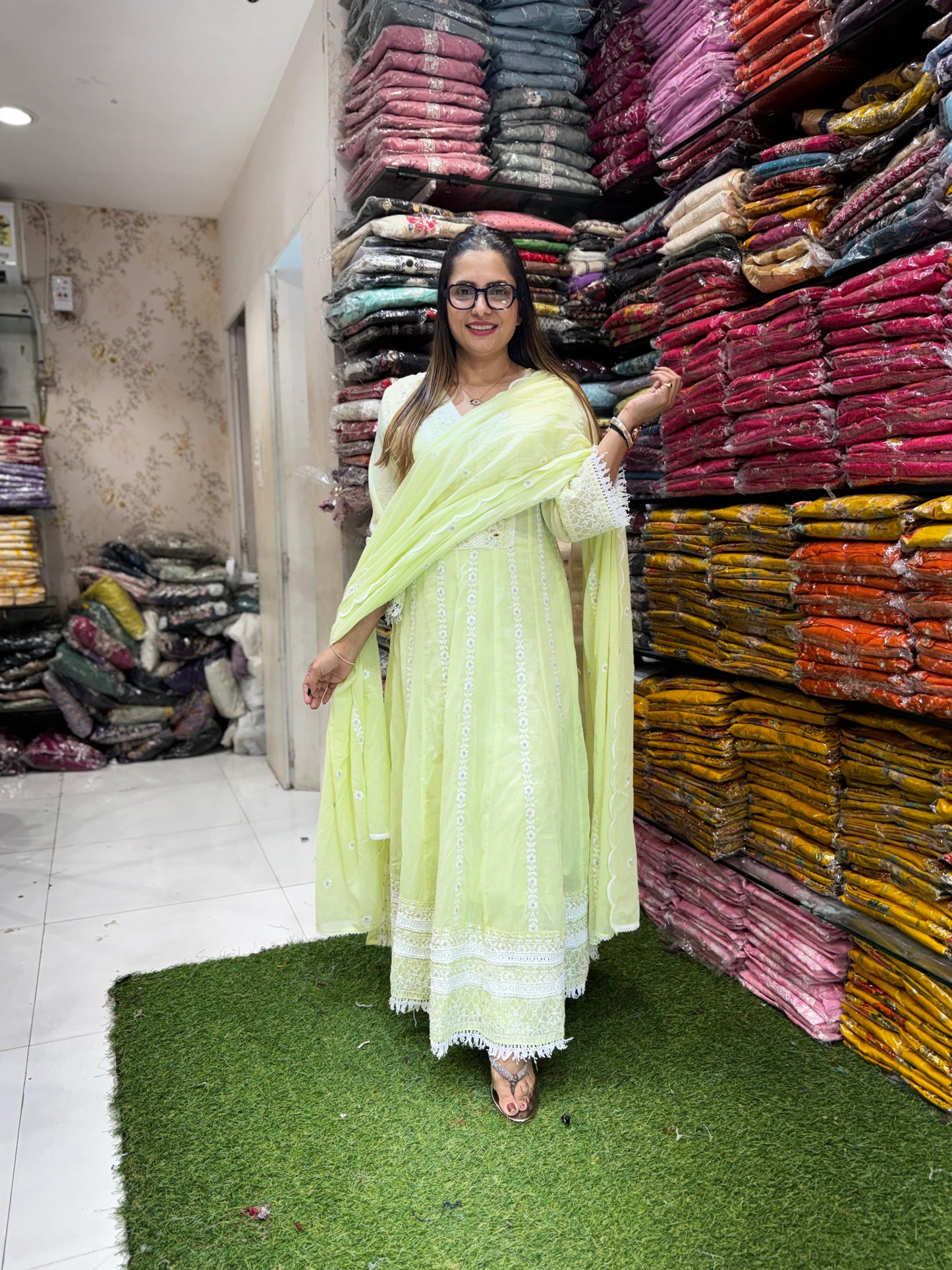 Pure Mull Cotton Green Shoulder Anarkali 3pc Set
