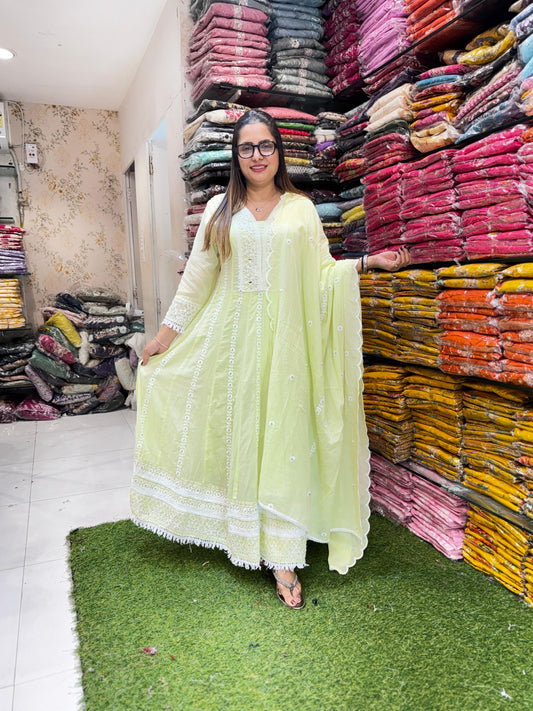 Pure Mull Cotton Green Shoulder Anarkali 3pc Set