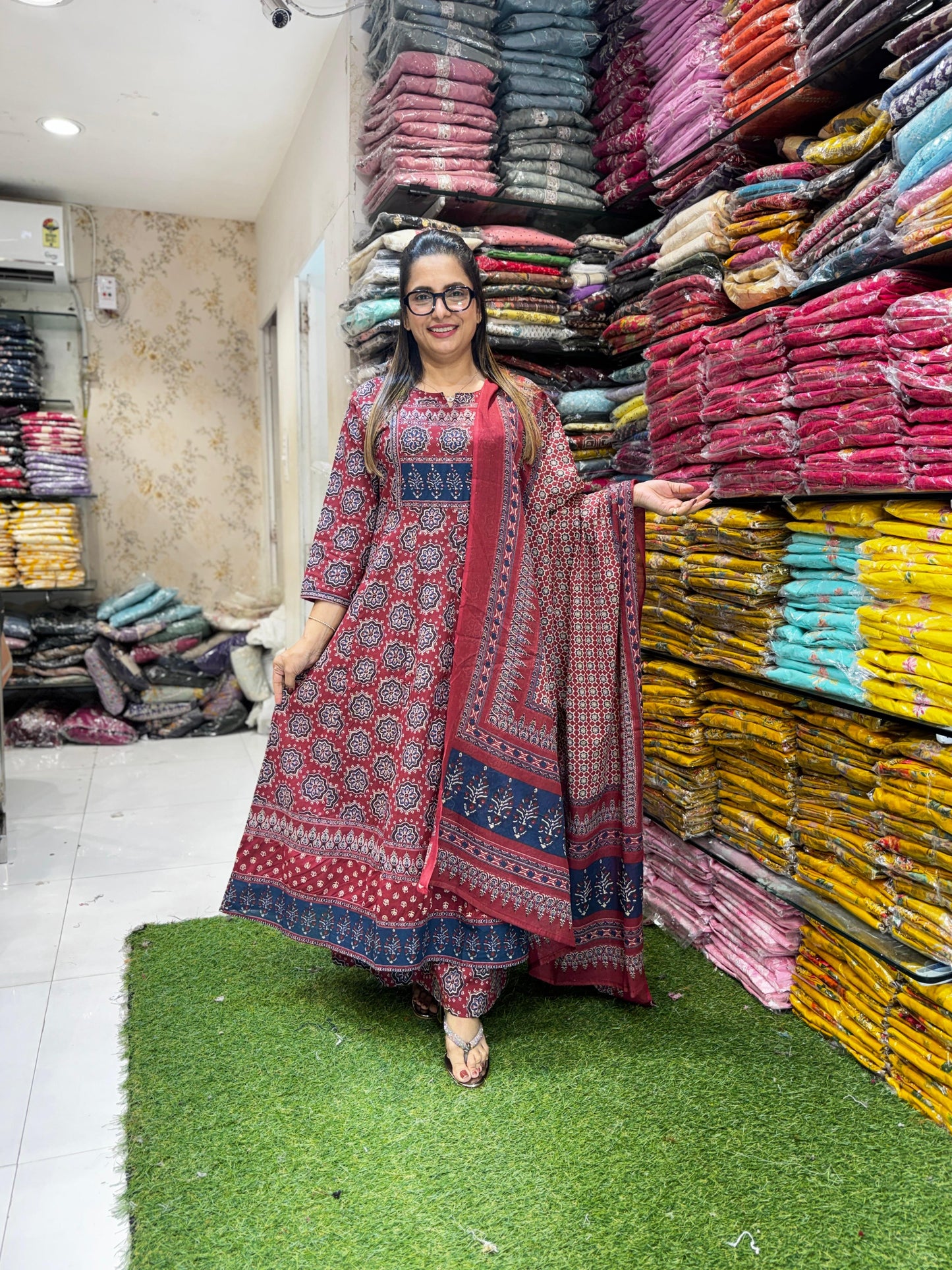 Pure Cotton Maroon Blue 3pc Set