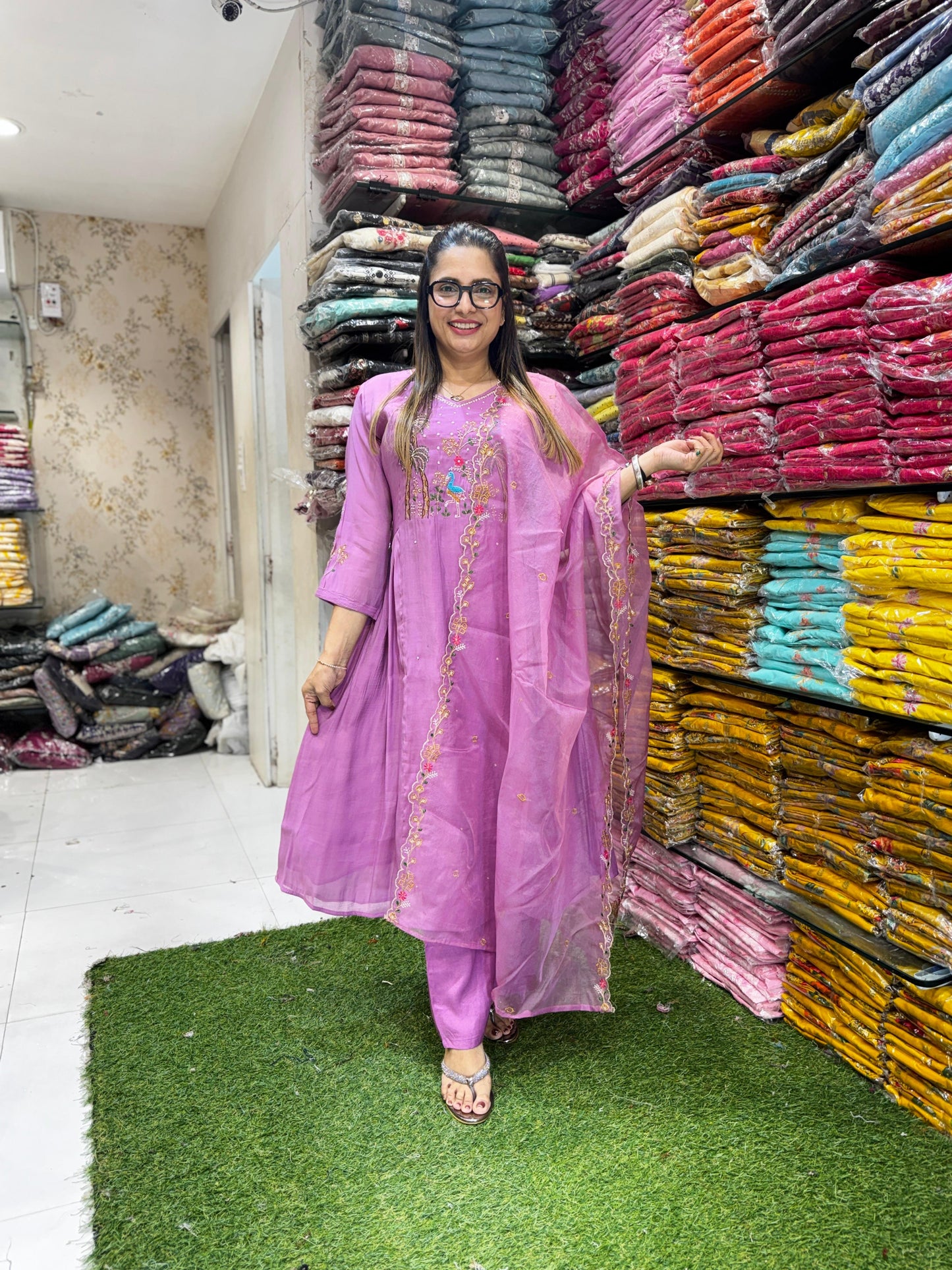 Pure Mull Chanderi Purple Pink 3pc Set