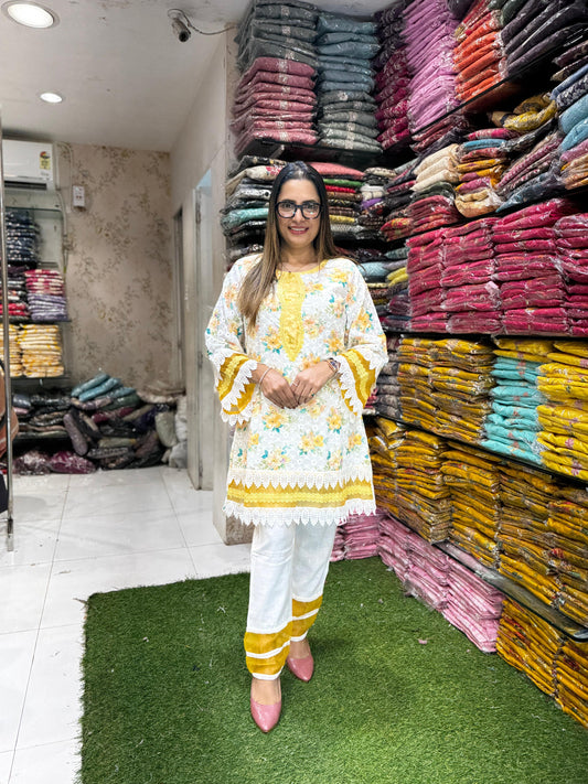 Pure Cotton Yellow And Off White 2pc Set