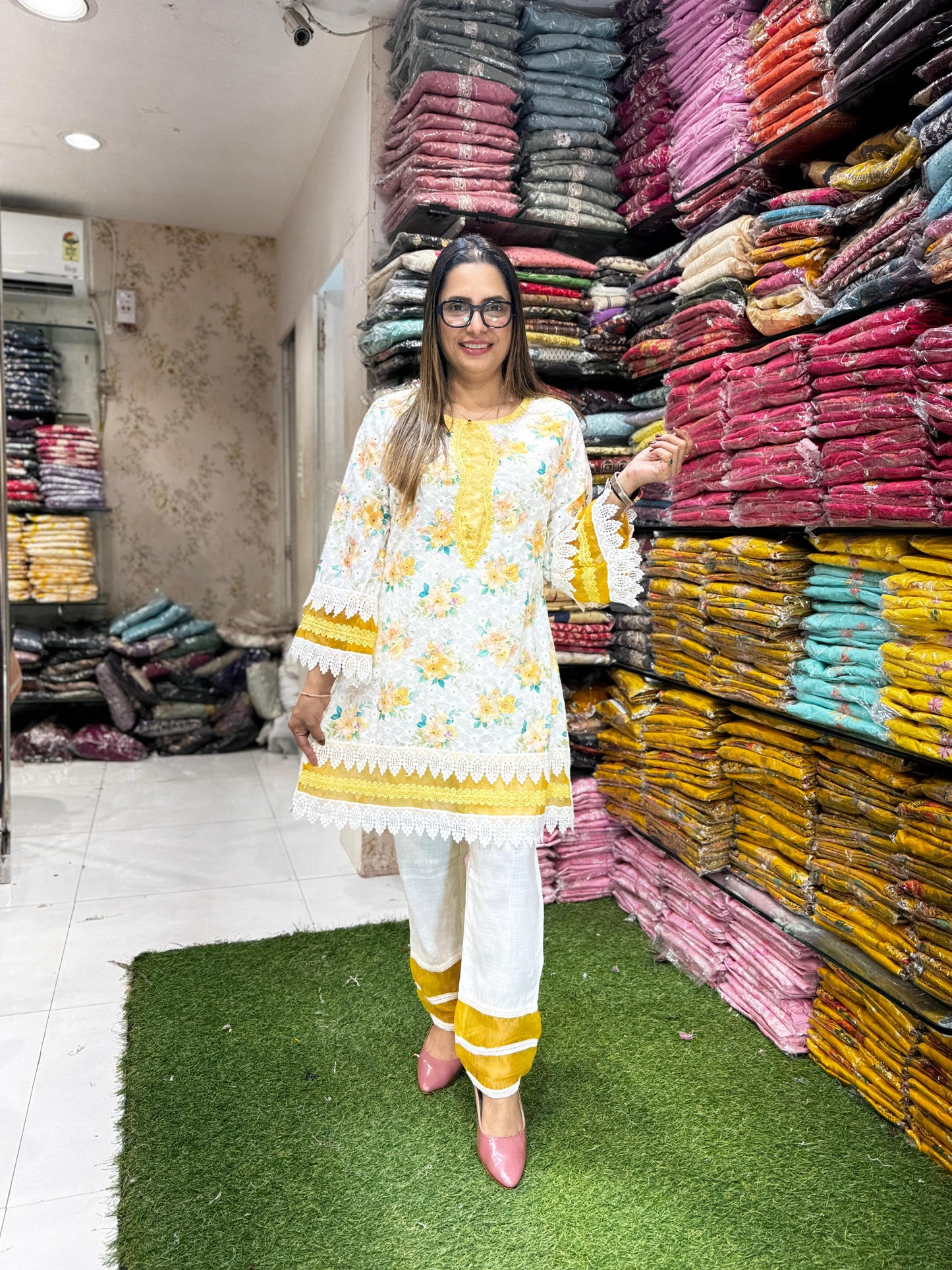 Pure Cotton Yellow And Off White 2pc Set
