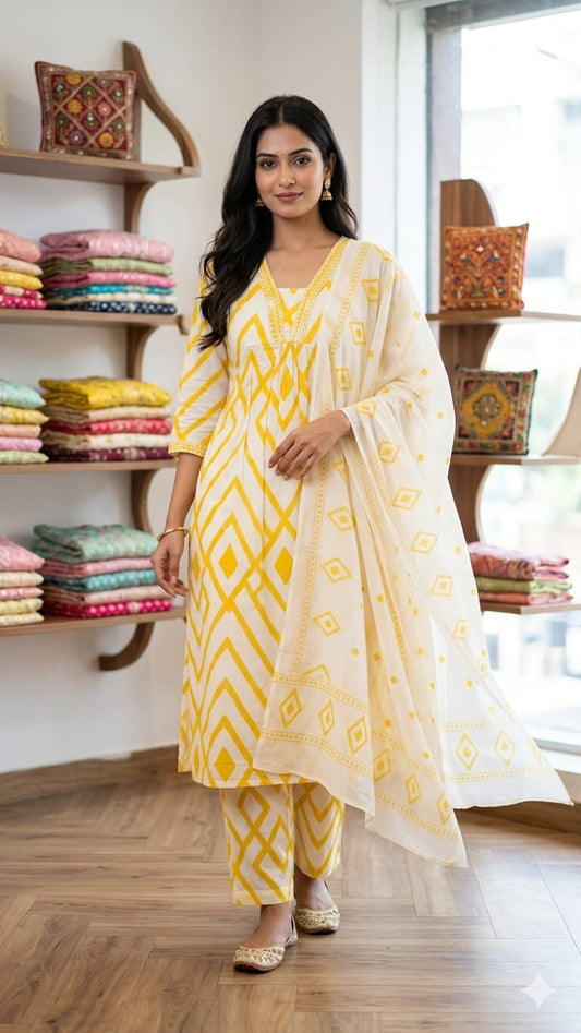 Pure Cotton Off White And Yellow 3pc Set