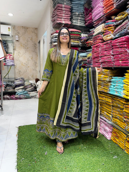 Pure Cotton Green Shoulder Anarkali 3pc Set