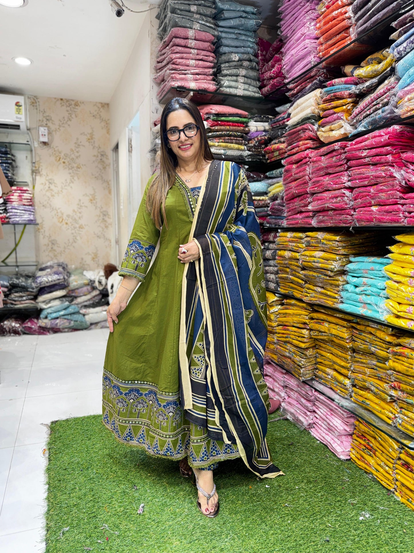 Pure Cotton Green Shoulder Anarkali 3pc Set