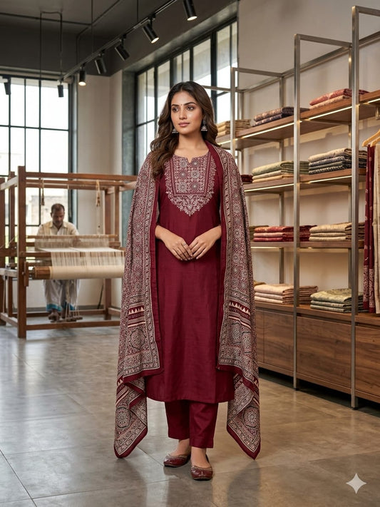 Pure Gaji Silk Maroon 3pc Set