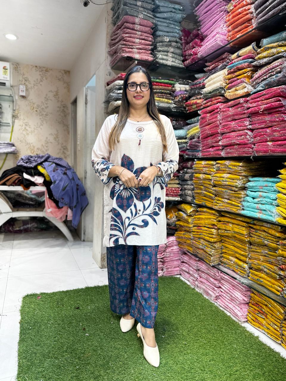 Pure lotus cotton Blue And Off White 2pc Set