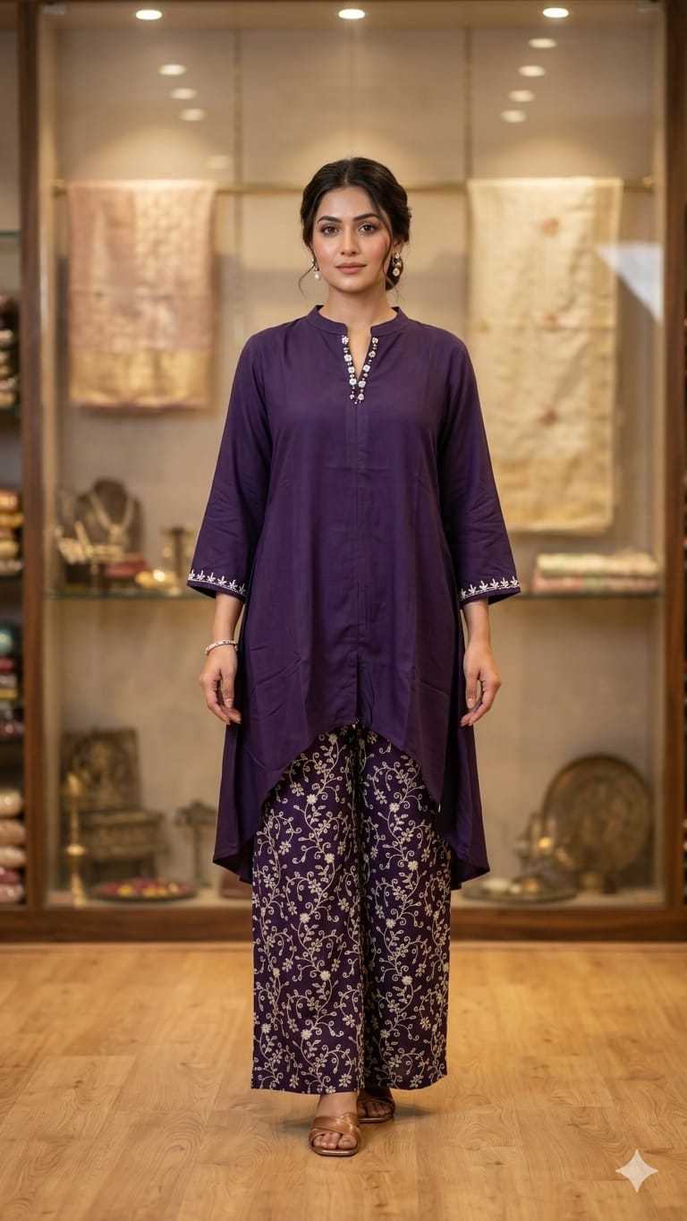 Pure Gaji Silk Purple Up And Down 2pc Set