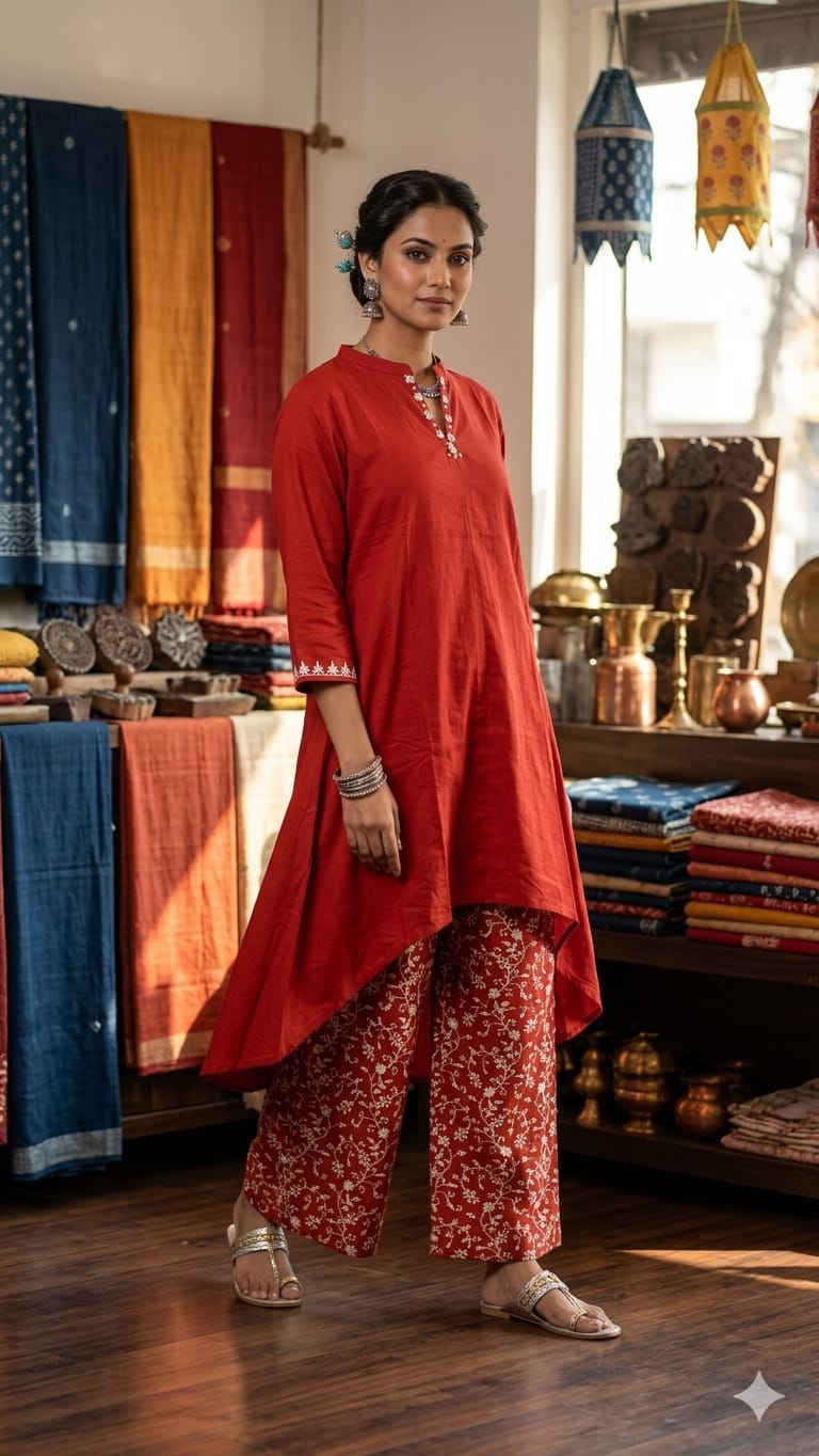 Pure Gaji Silk Orange Up And Down 2pc Set