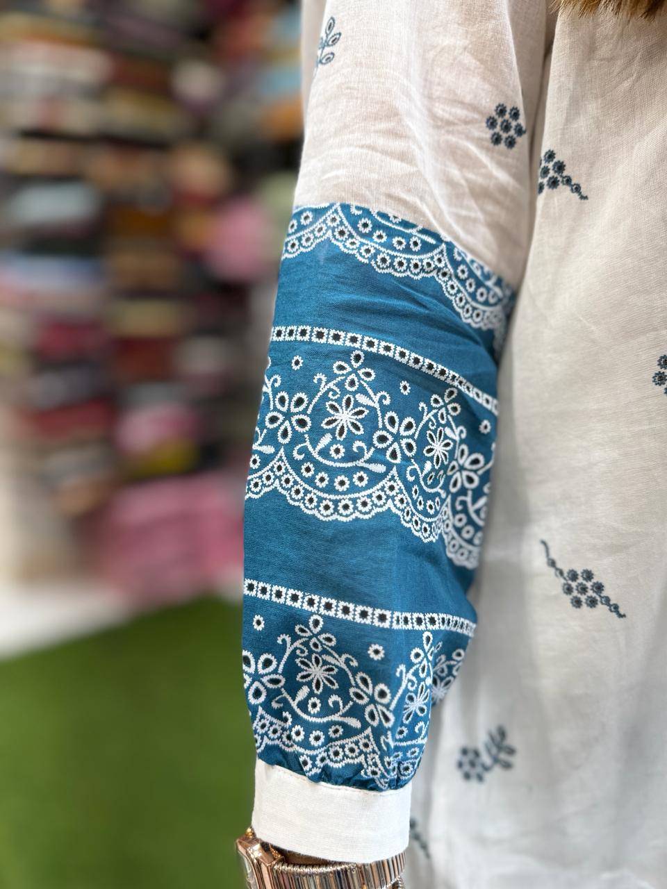Pure Mull Cotton White And Blue 2pc Set