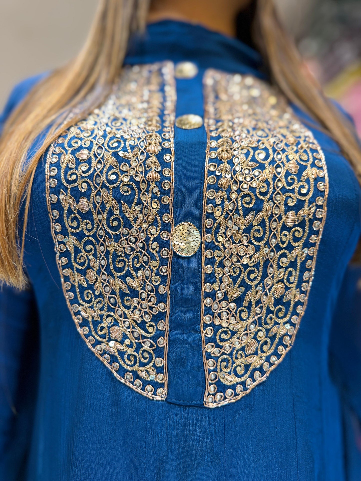 Pure Chinon Royal Blue Shoulder Anarkali 3pc Set