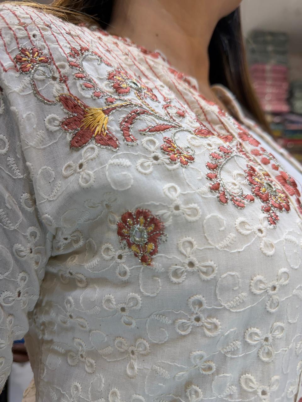 Pure Jaipuri Cotton Off White And Brown 3pc Set