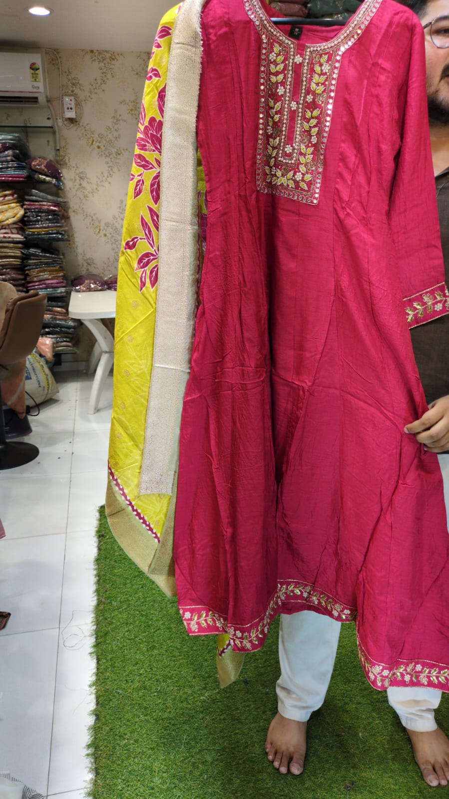 Pure Dola Silk Rani Pink Shoulder Anarkali 3pc Set