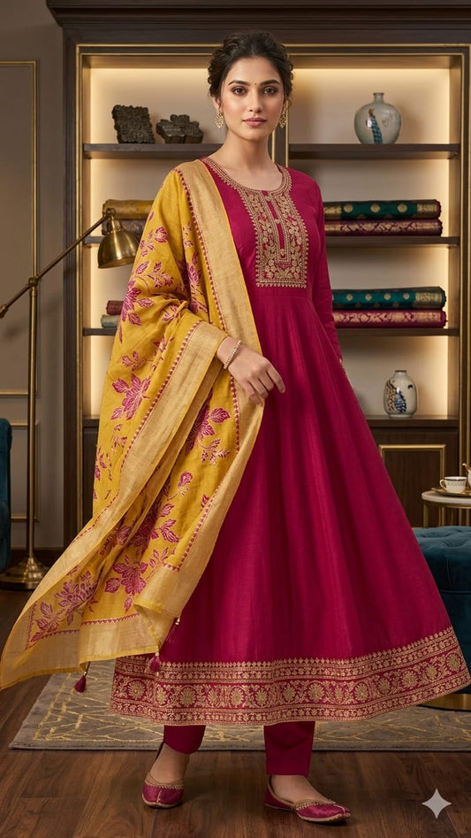 Pure Dola Silk Rani Pink Shoulder Anarkali 3pc Set