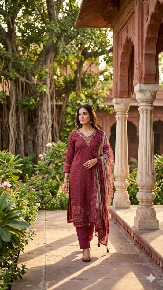 Pure Muslin Maroon 3pc Set