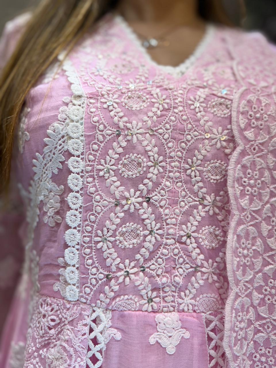 Pure Mull Cotton Pink Shoulder Anarkali 3pc Set