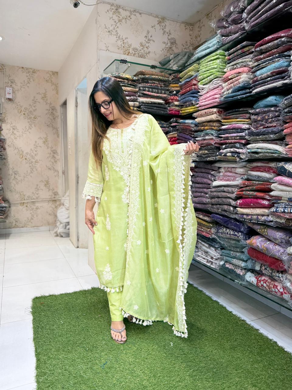 Pure Kota Doria Pista Green 3pc Set