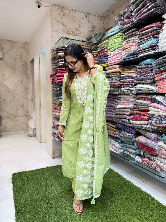 Pure Banaras Mull Chanderi Pista Green 3pc Set