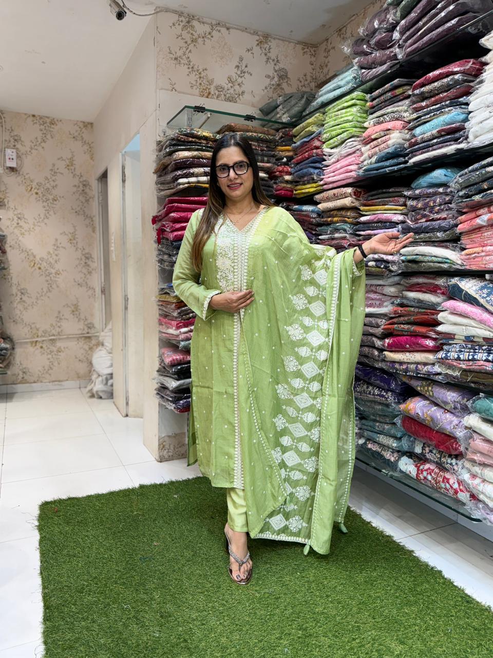 Pure Banaras Mull Chanderi Pista Green 3pc Set