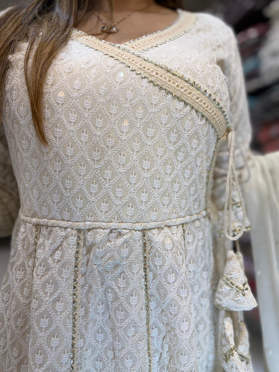 Pure Lucknowi Off White Anarkali 3pc Set