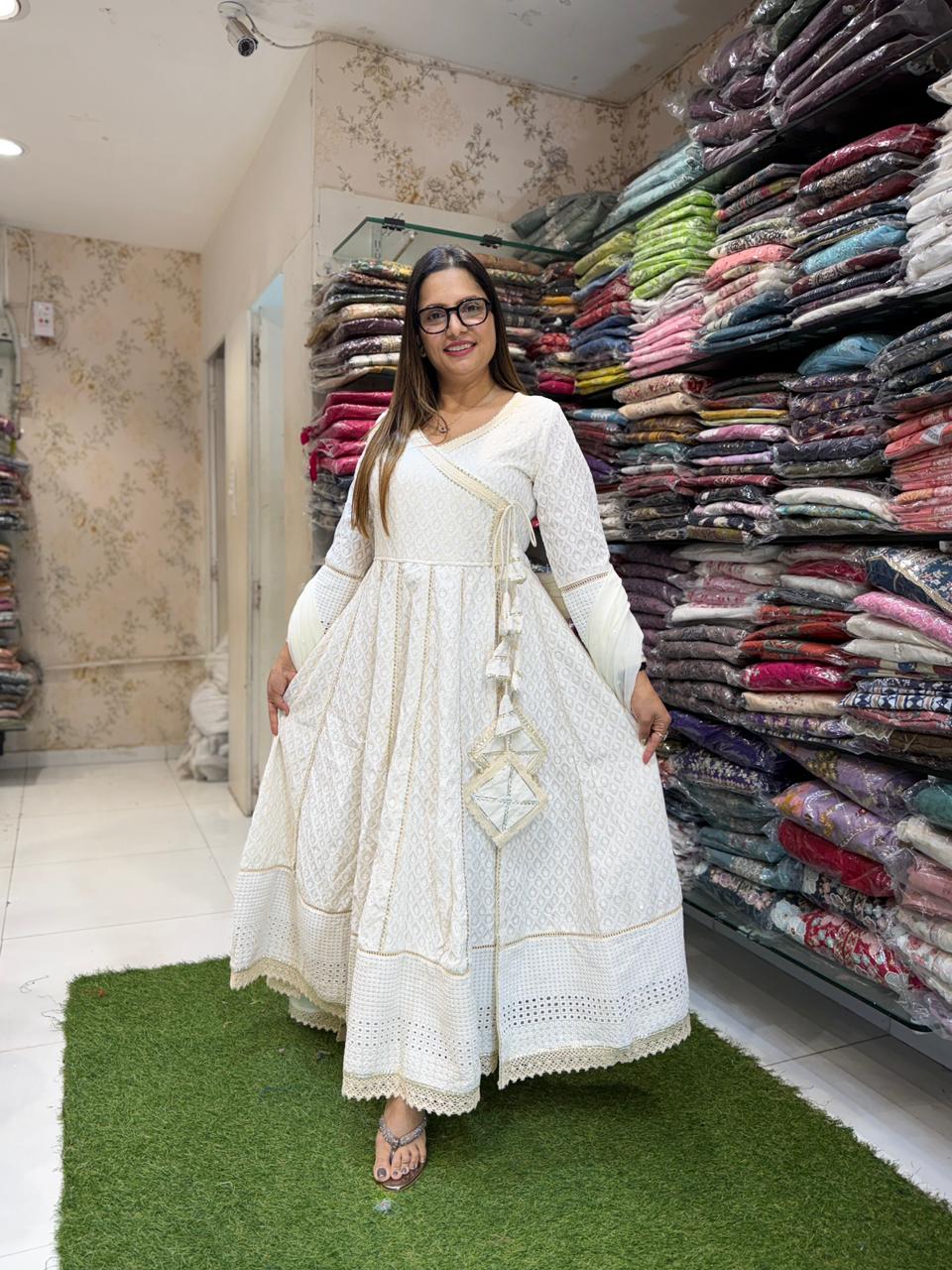 Pure Lucknowi Off White Anarkali 3pc Set