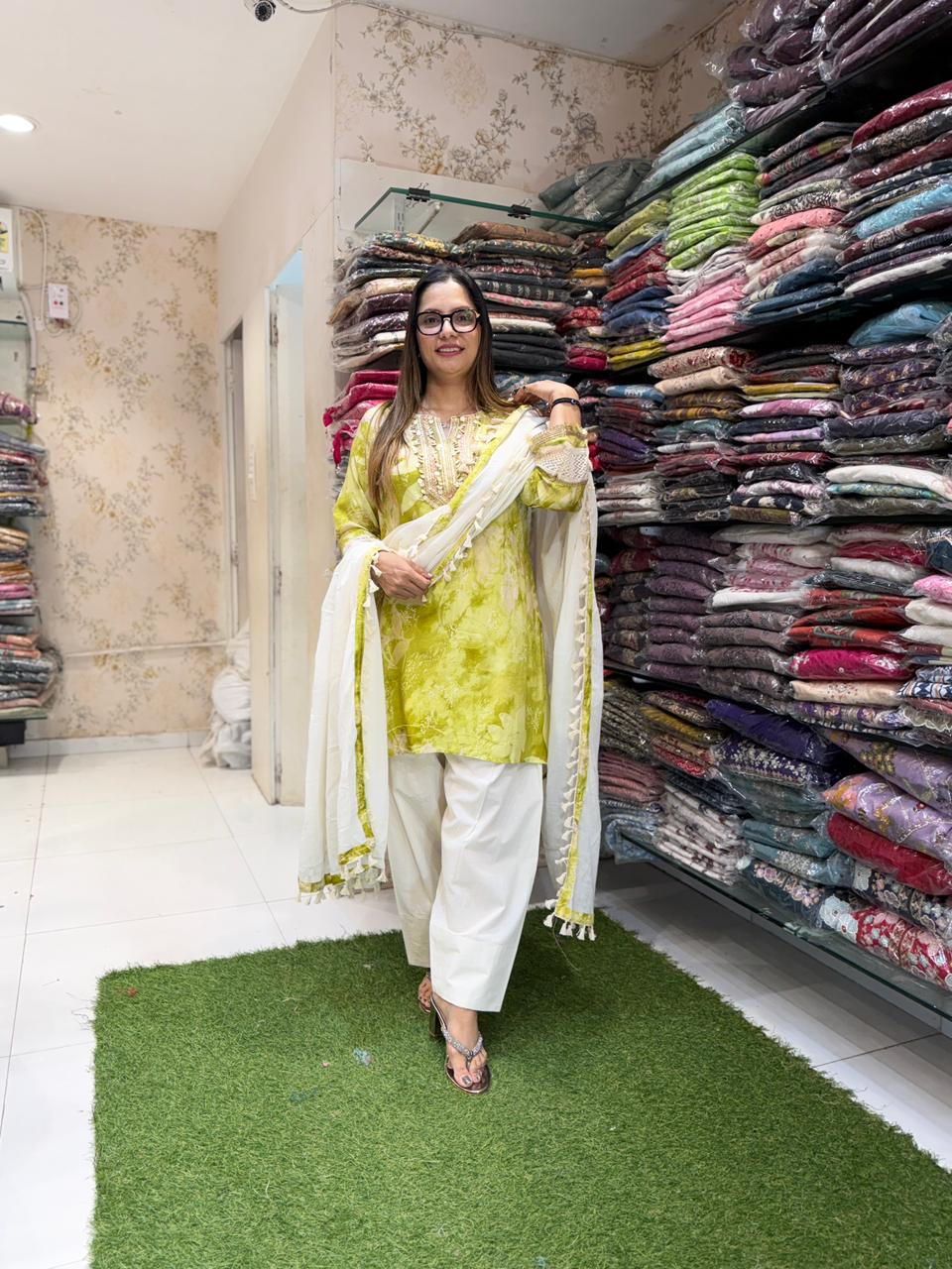 Pure Muslin Pista Green Farsi Salwar 3pc Set