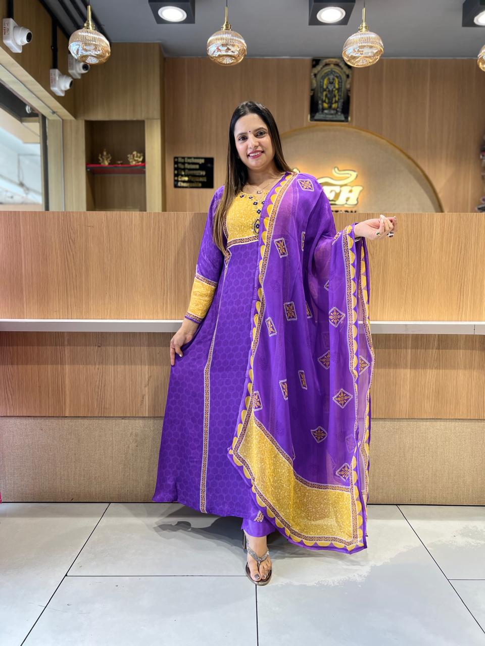 Pure Crep Purple Anarkali 3pc Set