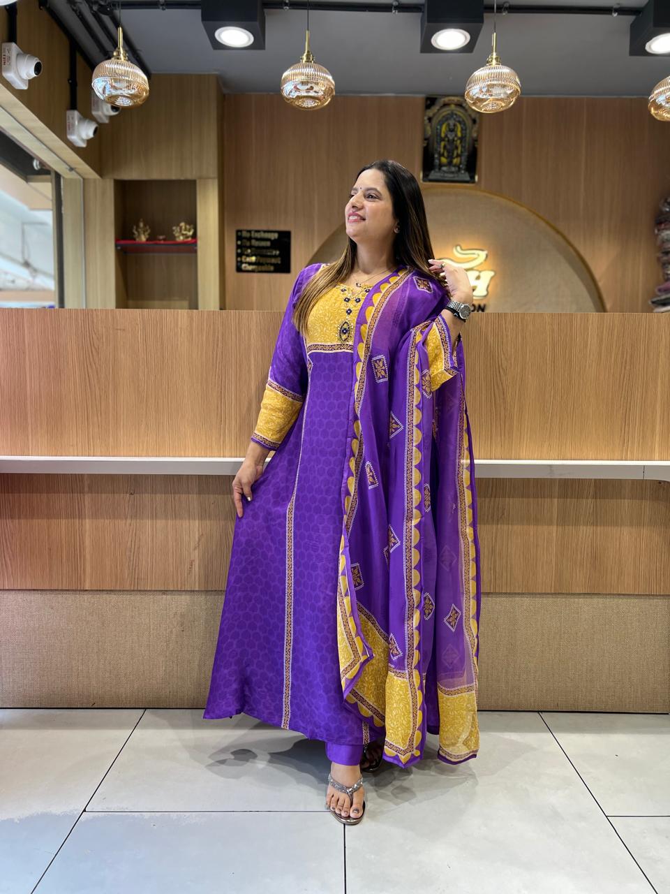 Pure Crep Purple Anarkali 3pc Set