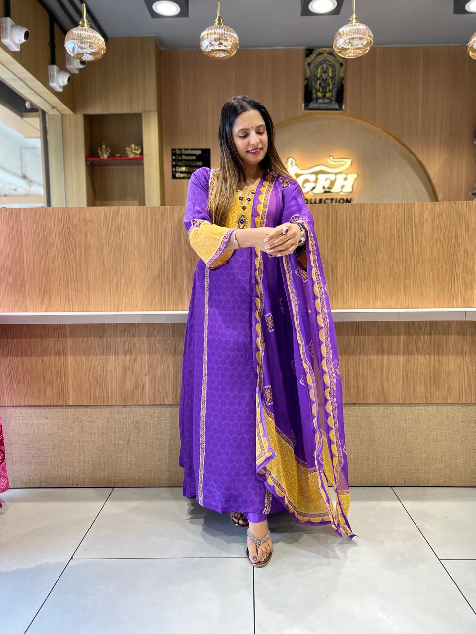 Pure Crep Purple Anarkali 3pc Set